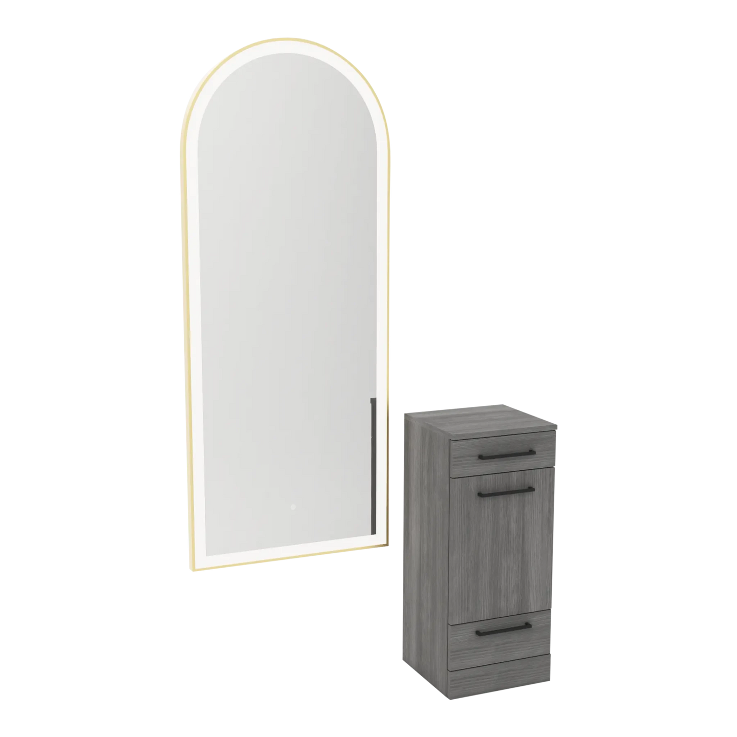 Rococo Mobile Styling Station with Tilt-out Appliance Holder and Gold Full-Length Arch Paloma Mirror - Kaemark