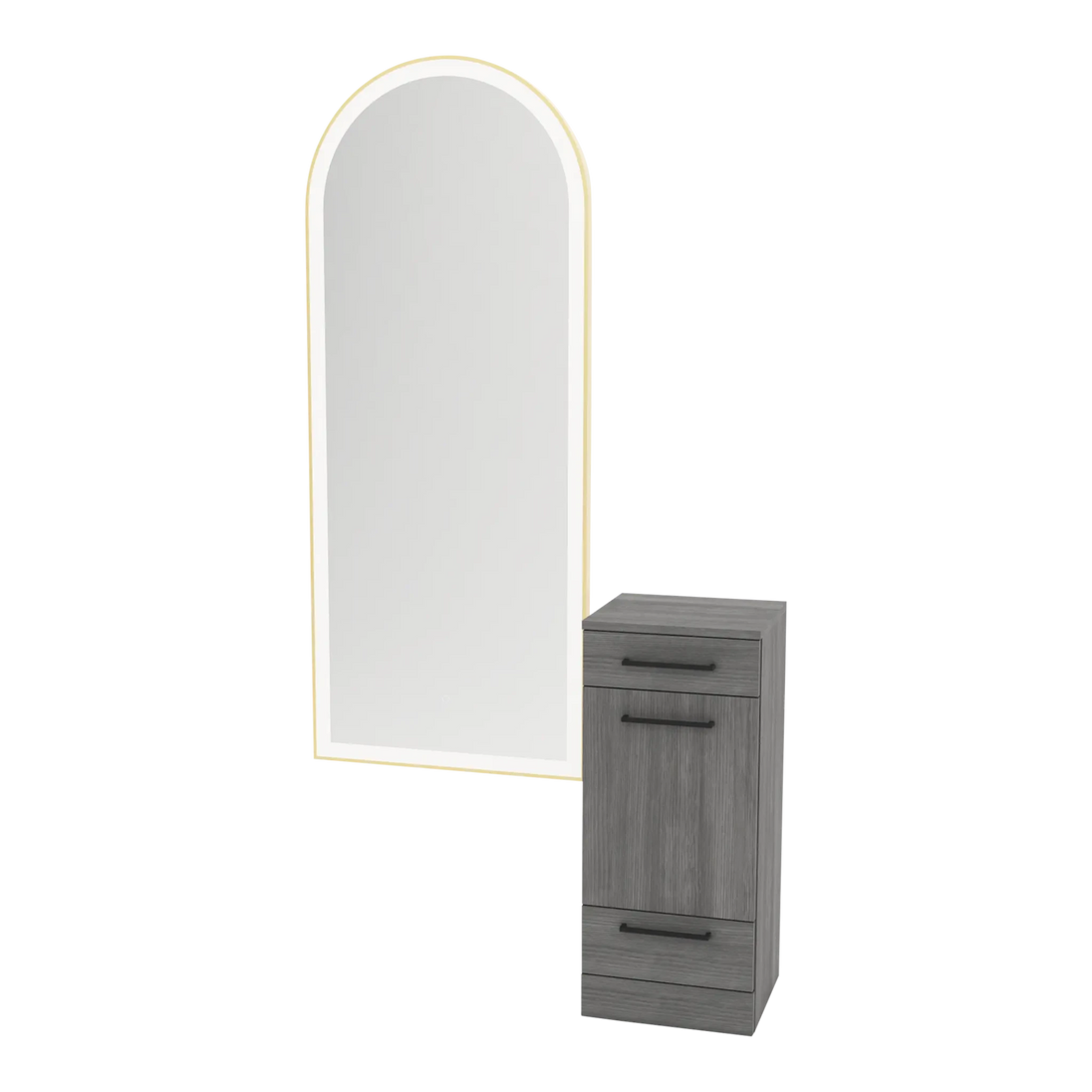 Rococo Mobile Styling Station with Tilt-out Appliance Holder and Gold Full-Length Arch Paloma Mirror - Kaemark