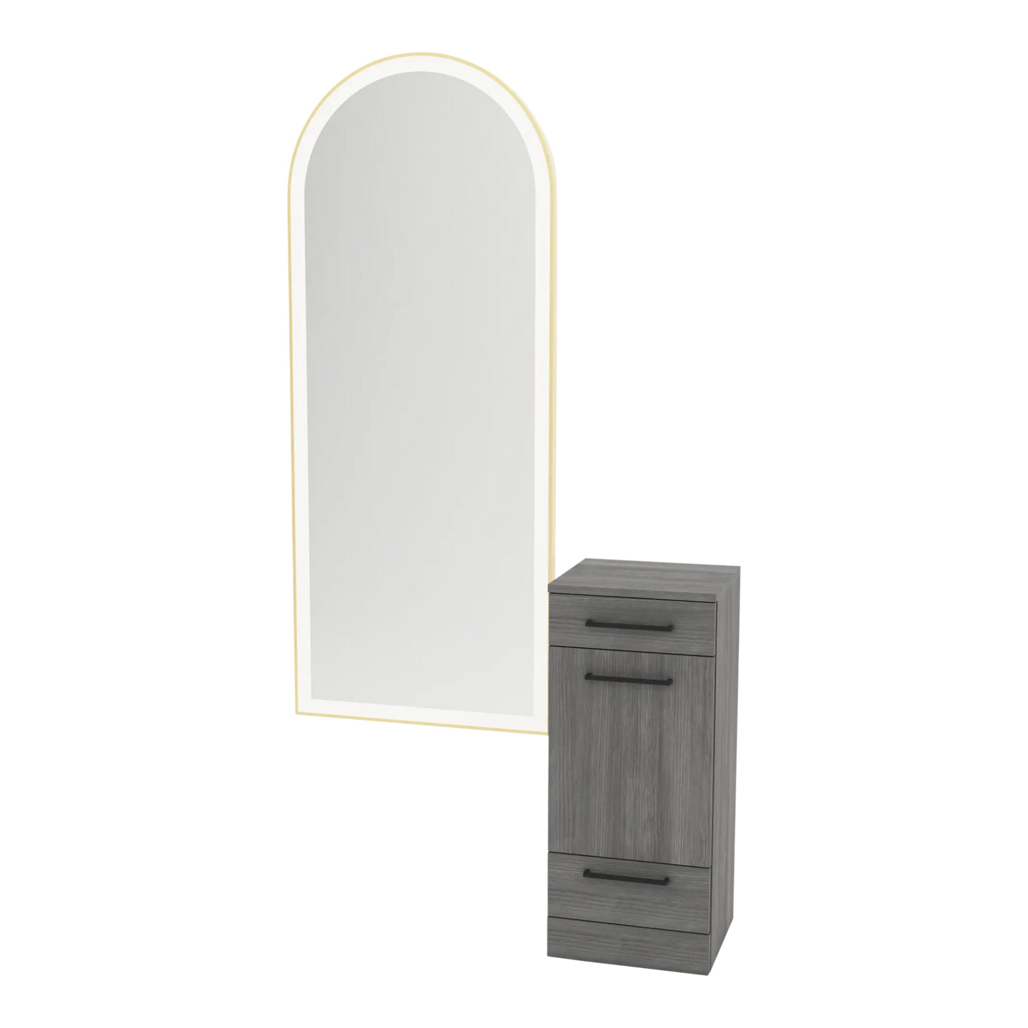 Rococo Mobile Styling Station with Tilt-out Appliance Holder and Gold Full-Length Arch Paloma Mirror - Kaemark