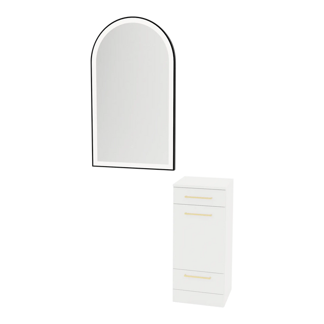 Rococo Mobile Styling Station with Tilt-out Appliance Holder and Black Arch Paloma Mirror - Kaemark