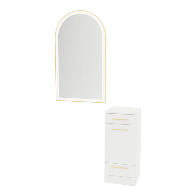Rococo Mobile Styling Station with Tilt-out Appliance Holder and Gold Arch Paloma Mirror - Kaemark