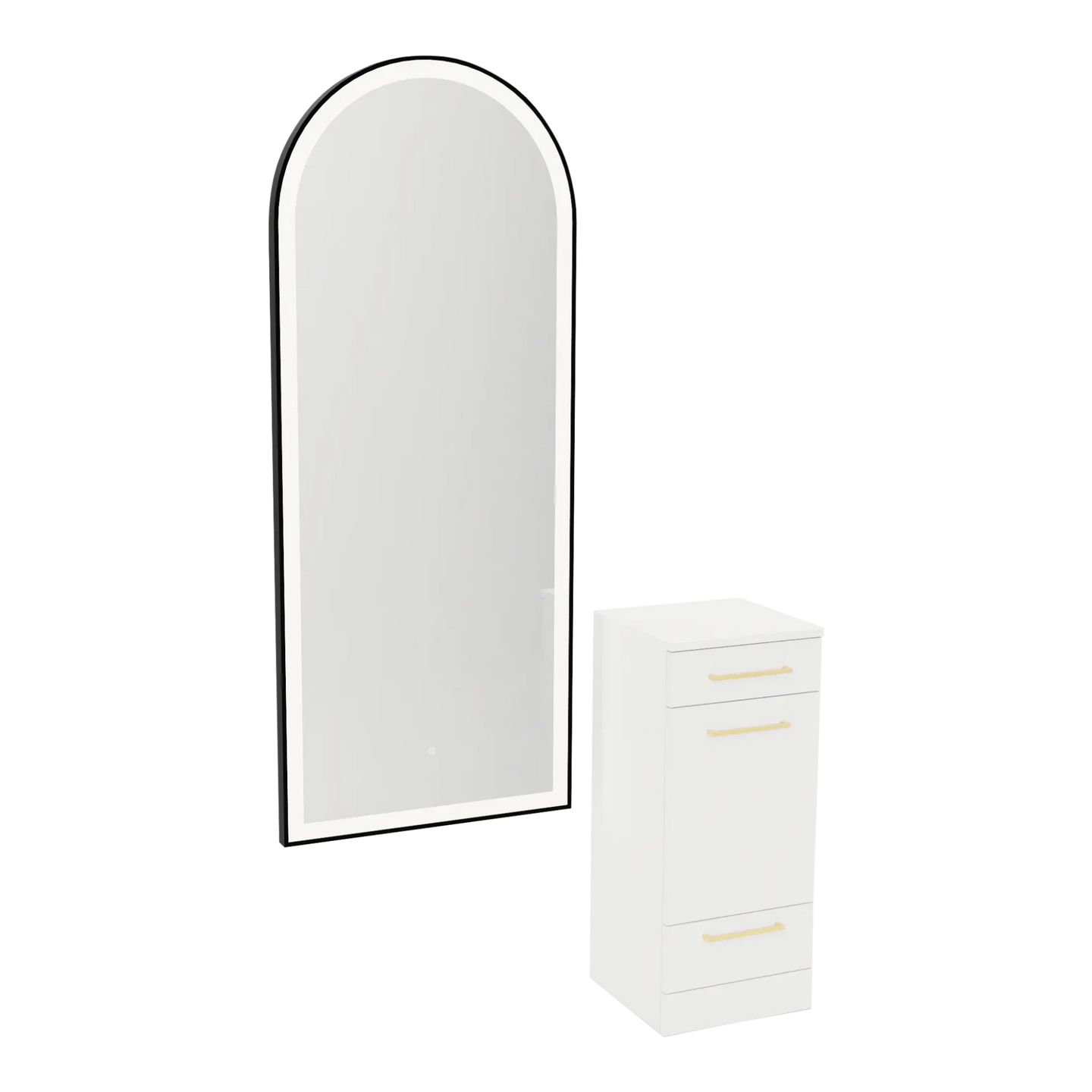 Rococo Mobile Styling Station with Tilt-out Appliance Holder and Black Full-Length Arch Paloma Mirror - Kaemark