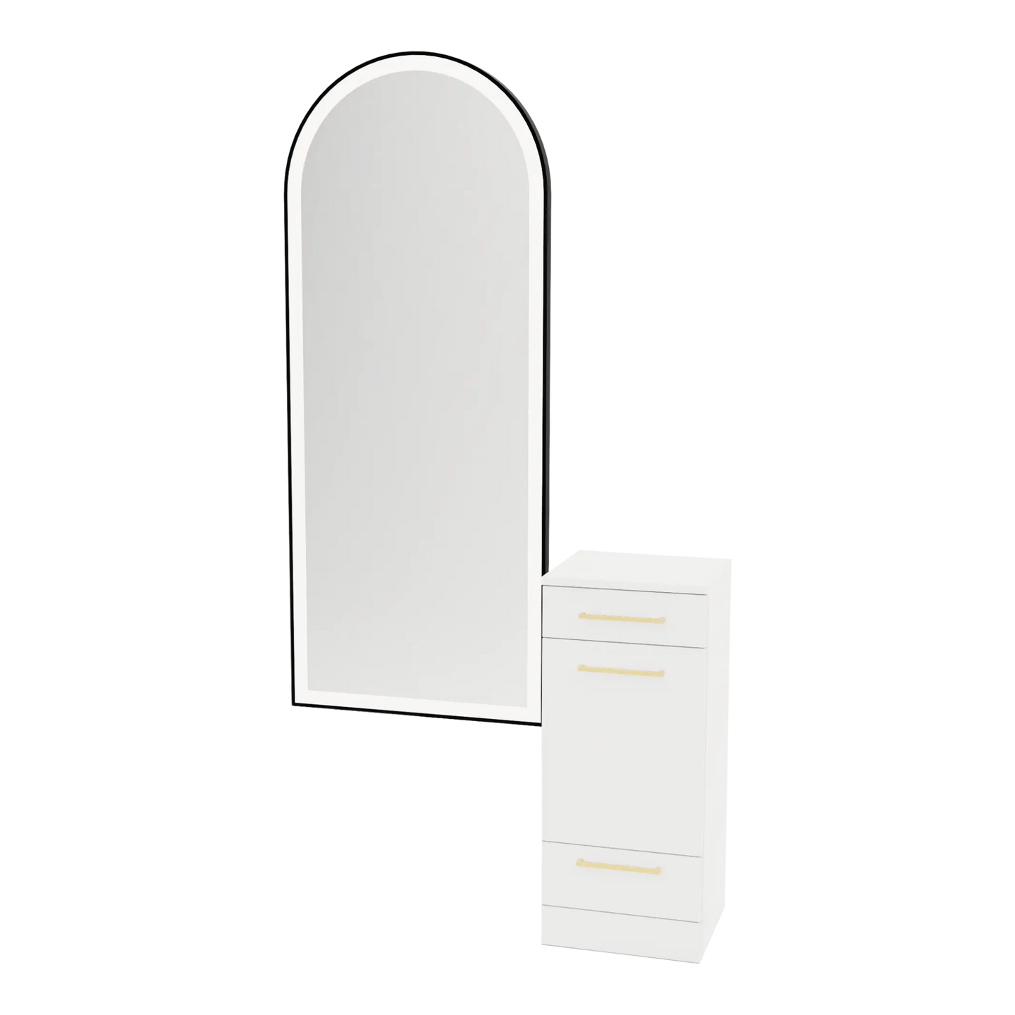 Rococo Mobile Styling Station with Tilt-out Appliance Holder and Black Full-Length Arch Paloma Mirror - Kaemark