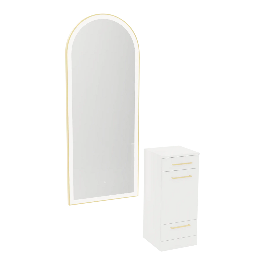 Rococo Mobile Styling Station with Tilt-out Appliance Holder and Gold Full-Length Arch Paloma Mirror - Kaemark