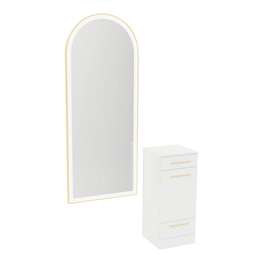 Rococo Mobile Styling Station with Tilt-out Appliance Holder and Gold Full-Length Arch Paloma Mirror - Kaemark