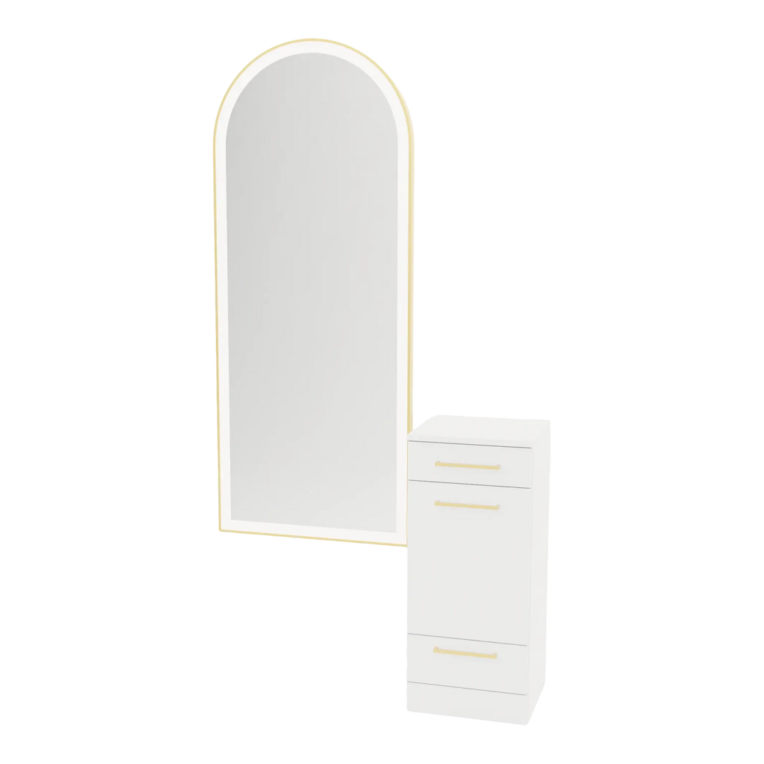 Rococo Mobile Styling Station with Tilt-out Appliance Holder and Gold Full-Length Arch Paloma Mirror - Kaemark