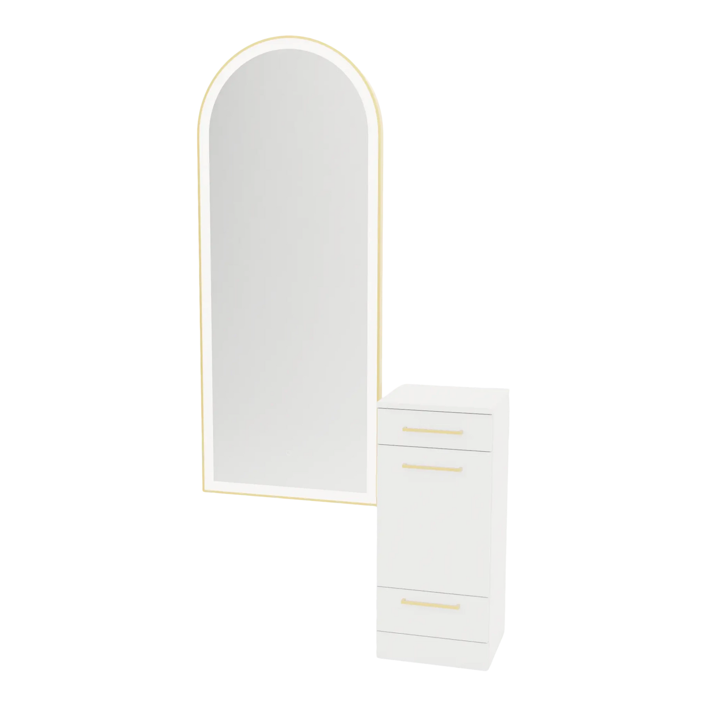 Rococo Mobile Styling Station with Tilt-out Appliance Holder and Gold Full-Length Arch Paloma Mirror - Kaemark