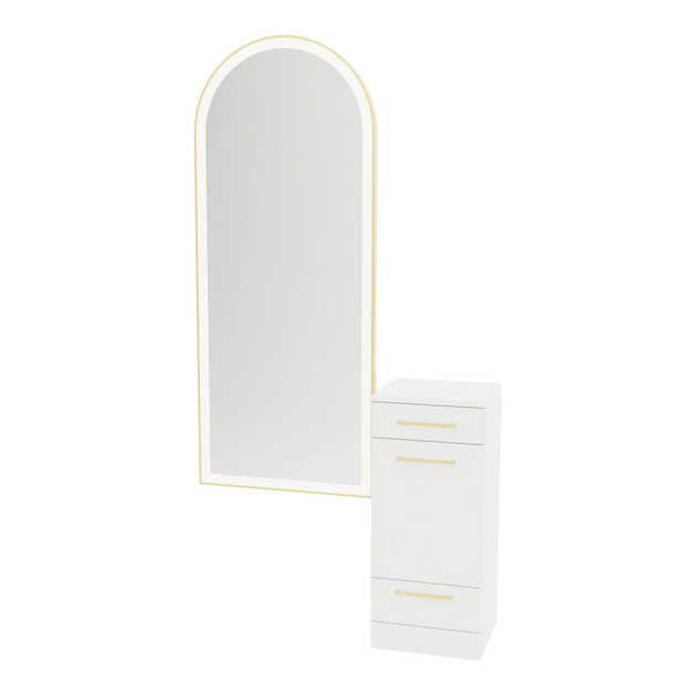 Rococo Mobile Styling Station with Tilt-out Appliance Holder and Gold Full-Length Arch Paloma Mirror - Kaemark