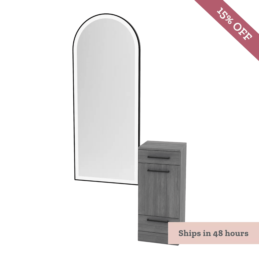Rococo Mobile Styling Station with Tilt-out Appliance Holder and Gold Full-Length Arch Paloma Mirror - Kaemark