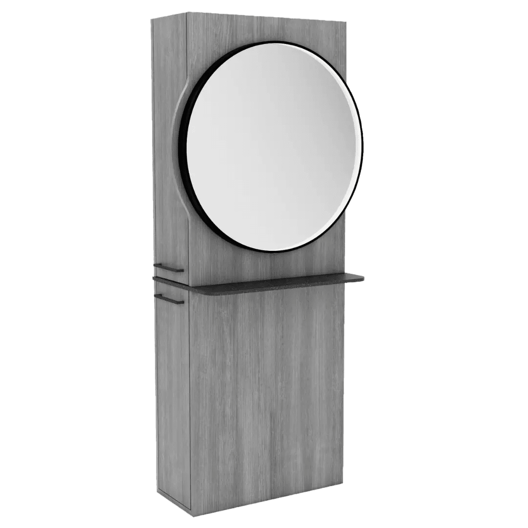 Westin Single Operator Styling Station with Westin Round Mirror and Solid Surface Shelf - Kaemark