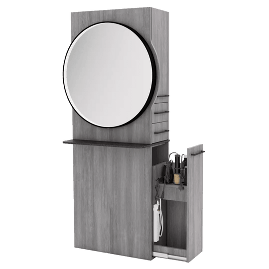 Westin Single Operator Styling Station with Westin Round Mirror and Solid Surface Shelf - Kaemark