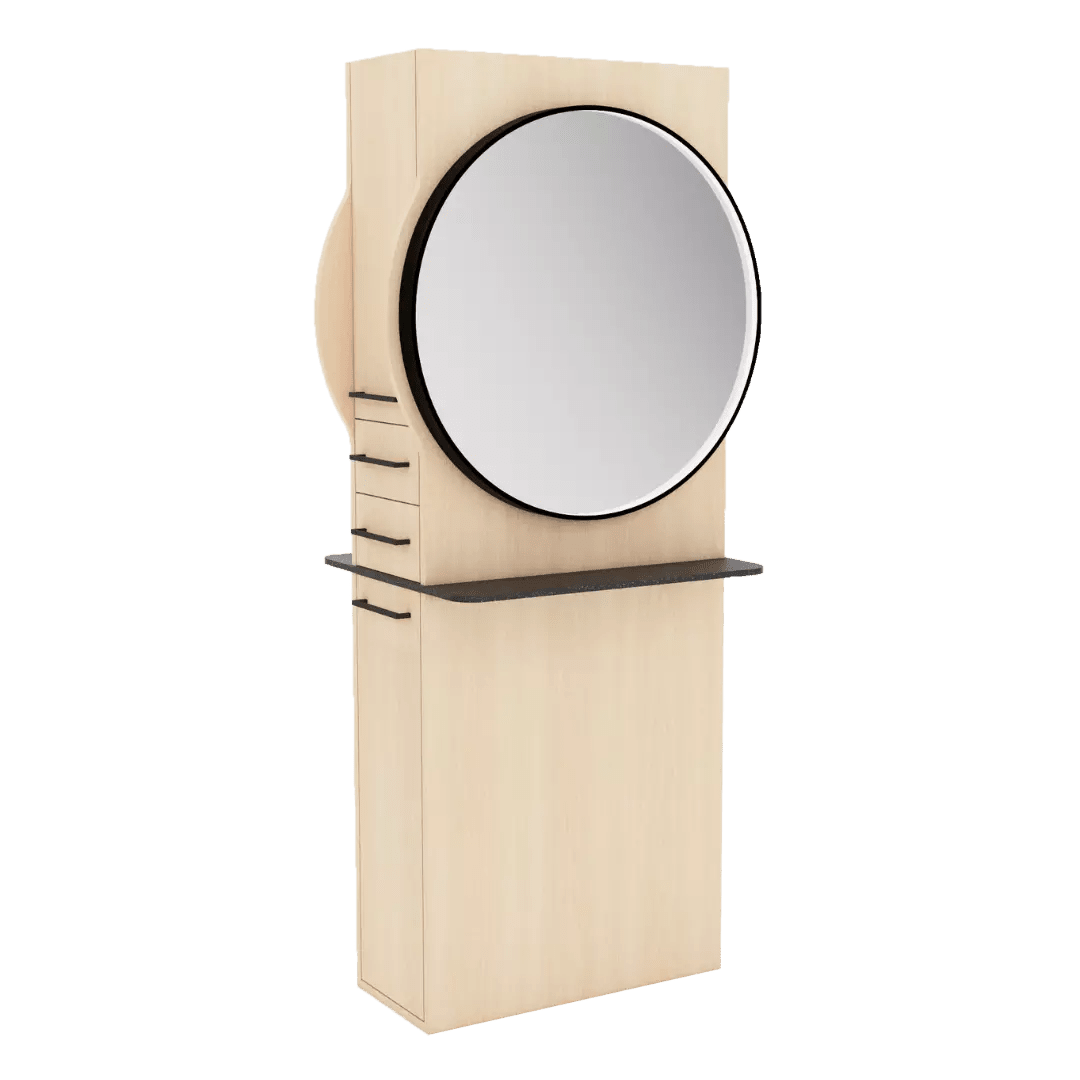 Westin Double Operator Styling Station with Westin Round Mirror and Solid Surface Shelf - Kaemark
