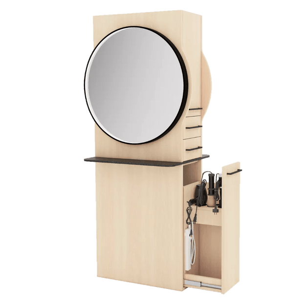 Westin Double Operator Styling Station with Westin Round Mirror and Solid Surface Shelf - Kaemark