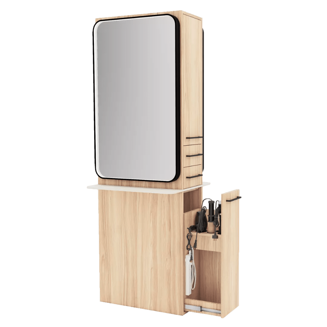 Westin Double Operator Styling Station with Westin Rectangle Mirror and Solid Surface Shelf - Kaemark