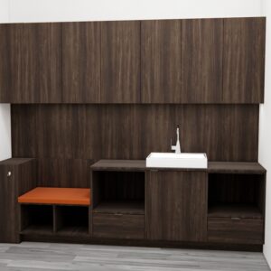 Kaemark A 3d rendering of a bathroom with a sink and a bench.