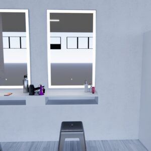 Kaemark A 3d rendering of a bathroom with mirrors and stools.