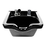 Kaemark A black sink with a chrome faucet on a white background.
