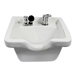 Kaemark A white bathroom sink with two faucets on it.