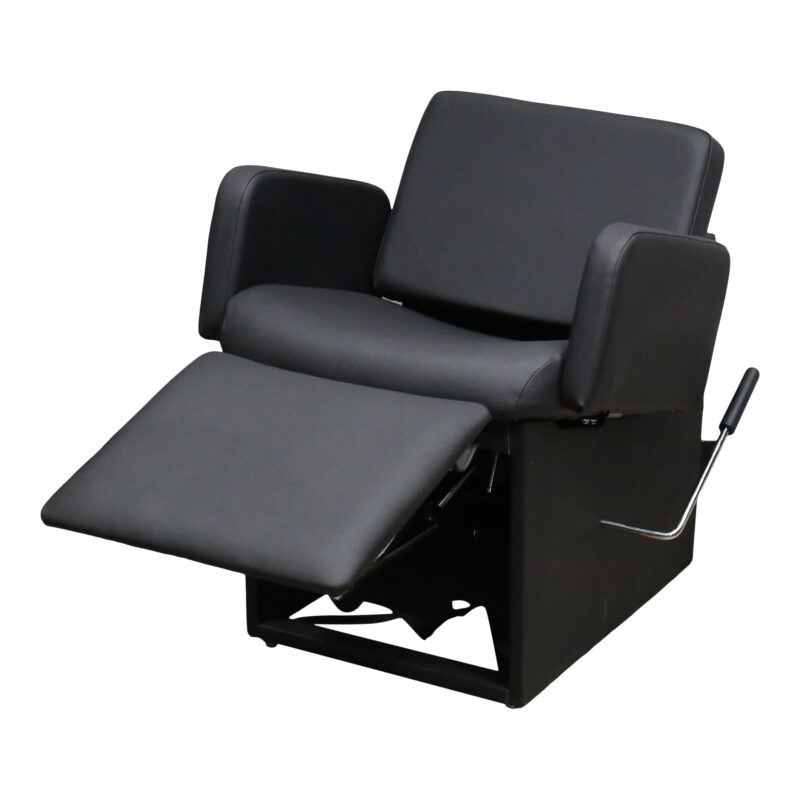 Kaemark A black leather Sophia Kaemark American-Made Salon Styling Chair with a foot rest on it.