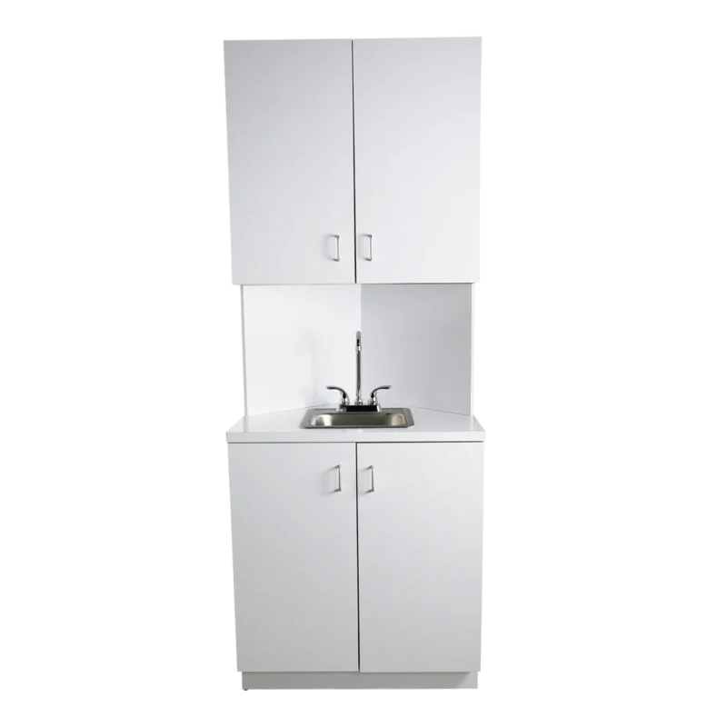 Kaemark A white Corner Facial Cabinet with a sink and cabinets.