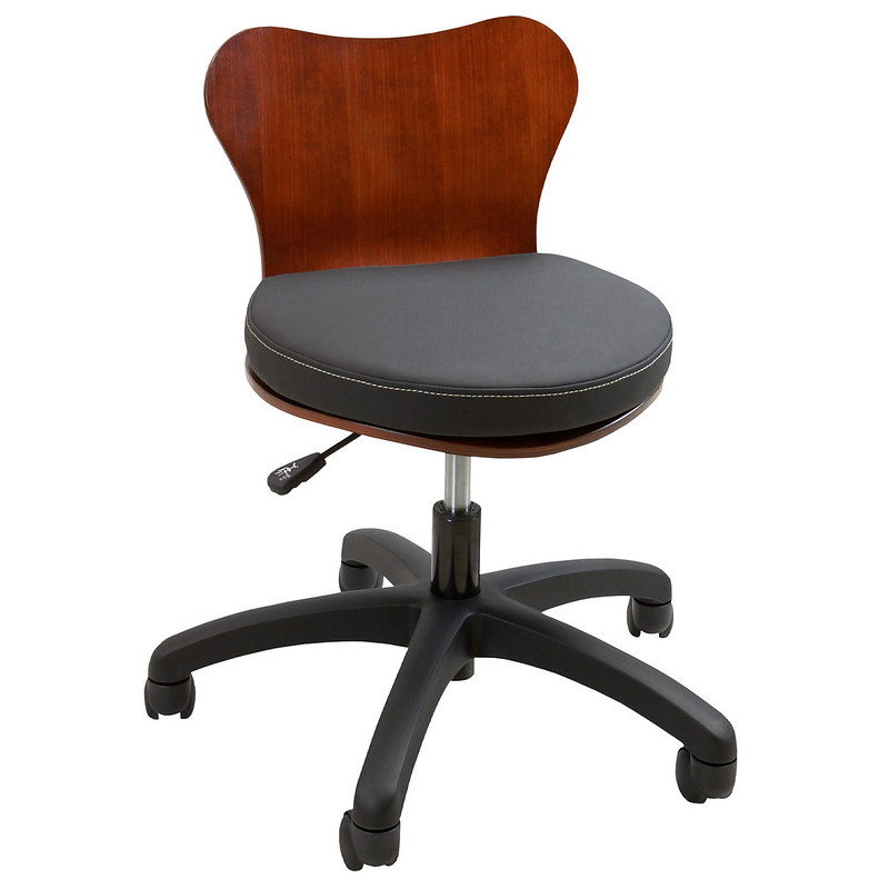 Kaemark A Deluxe Wood Technician Chair by Continuum Pedicure Spas with a black seat.