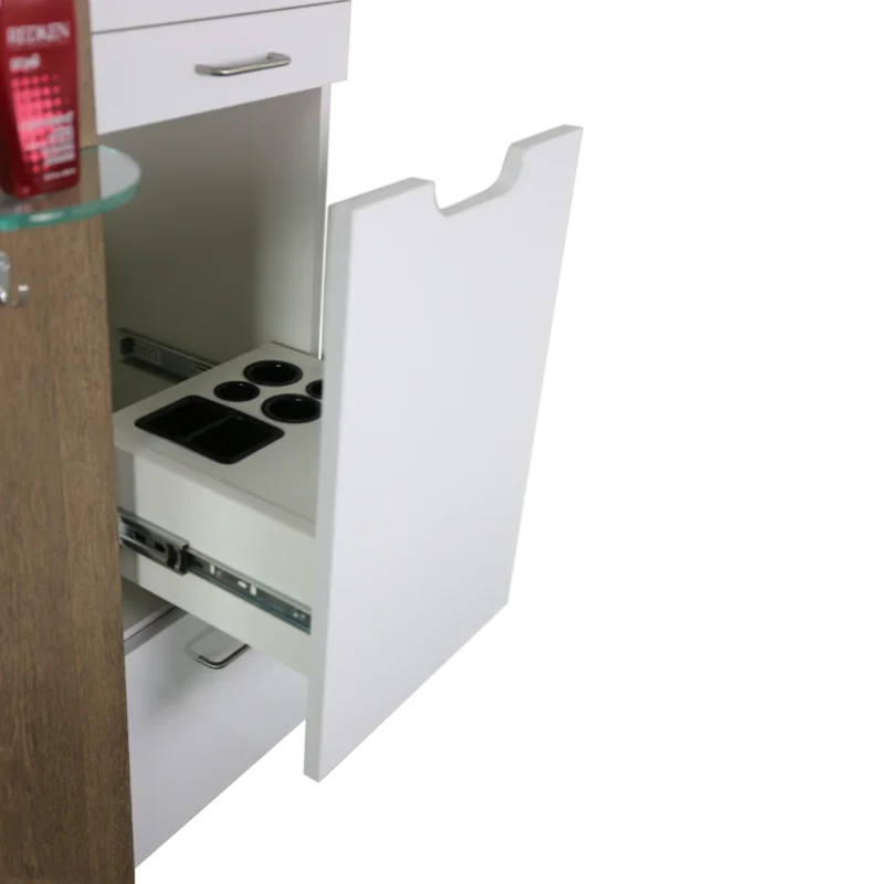 Kaemark A white Coda American-Made Back to Back Styling Station with a drawer and a bottle.