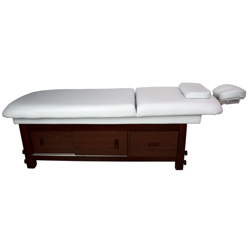 Kaemark A Emily Massage Bed with a white cover and drawers.