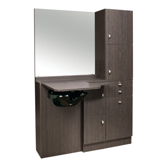 Kaemark A gray Ellipse American-Made Wet Station with a mirror and sink.