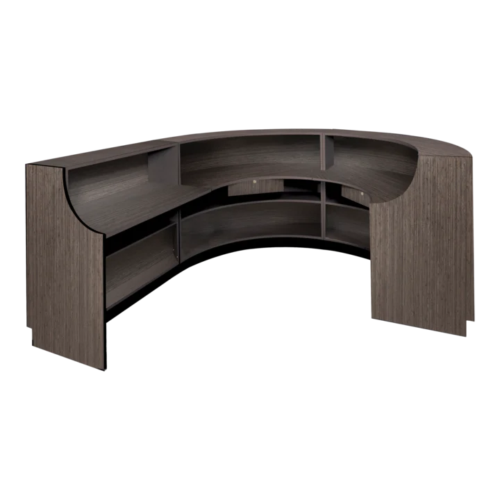 Kaemark A Ellipse American-Made Reception Desk - D with shelves and drawers.