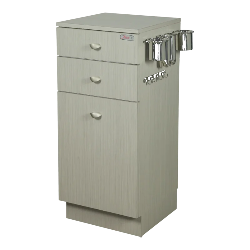 Kaemark A Frost American-Made Short Tower Styling Station with two drawers and a knife.