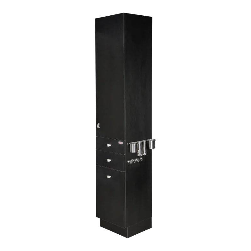 Kaemark A black Frost American-Made Tall Tower Storage with drawers on top.