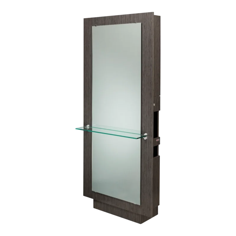 Kaemark A Frost American-Made Single Styling Station with a mirror and glass shelf.