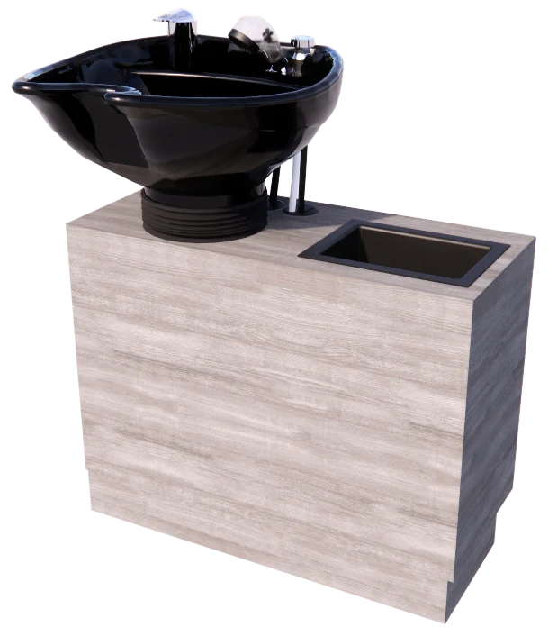 Kaemark A Frost Tilt Bowl Shampoo Unit with a black bowl on top of a wooden stand.