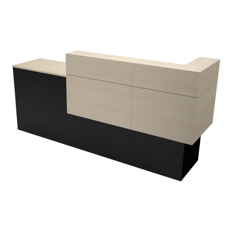 Kaemark A Garbo American-Made Reception Desk - B with a black and white finish.