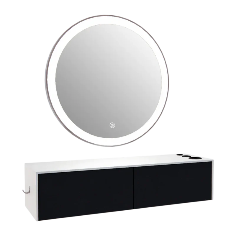 Kaemark A Glo LED GL-01-A American-Made Styling Station with a mirror and a cabinet.