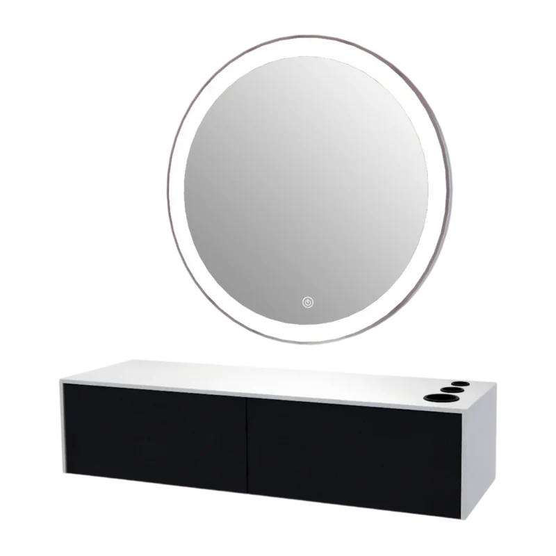 Kaemark A Glo LED GL-01-A American-Made Styling Station with a mirror and a cabinet.