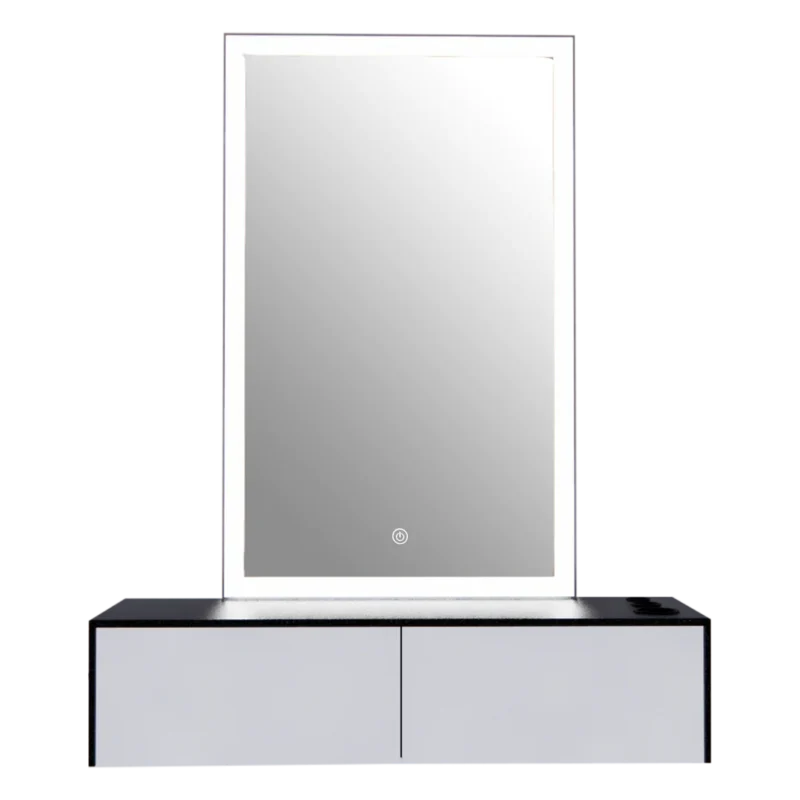 Kaemark A white and black Glo LED GL-01-B American-Made Styling Station with a mirror.