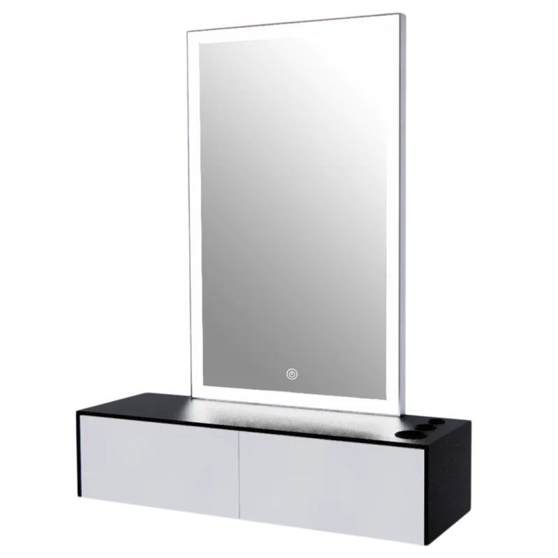 Kaemark A white and black Glo LED GL-01-B American-Made Styling Station with a mirror.