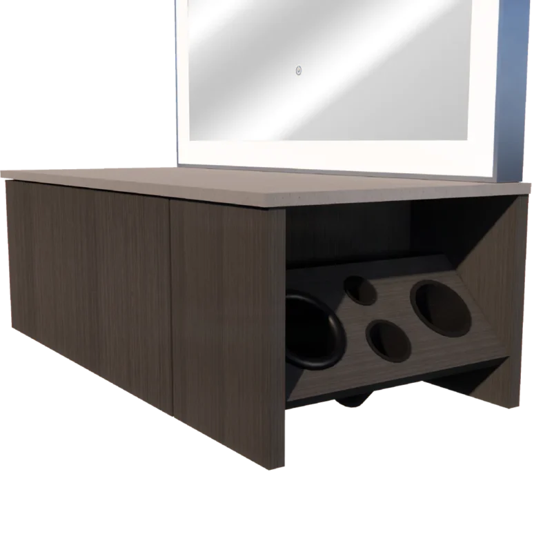 Kaemark A Glo LED GL-03-B American-Made Styling Station with speakers and a mirror.