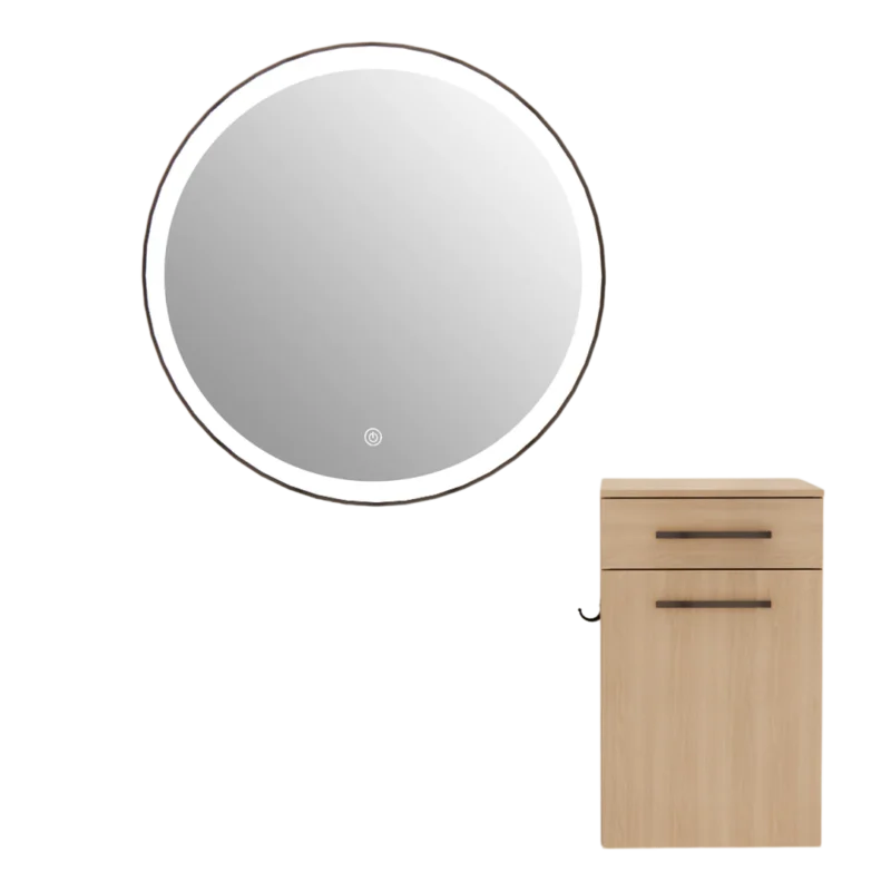 Kaemark A Glo LED GL-04-A American-Made Styling Station with a mirror and a cabinet.