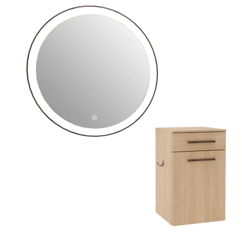 Kaemark A Glo LED GL-04-A American-Made Styling Station with a mirror and a wooden cabinet.