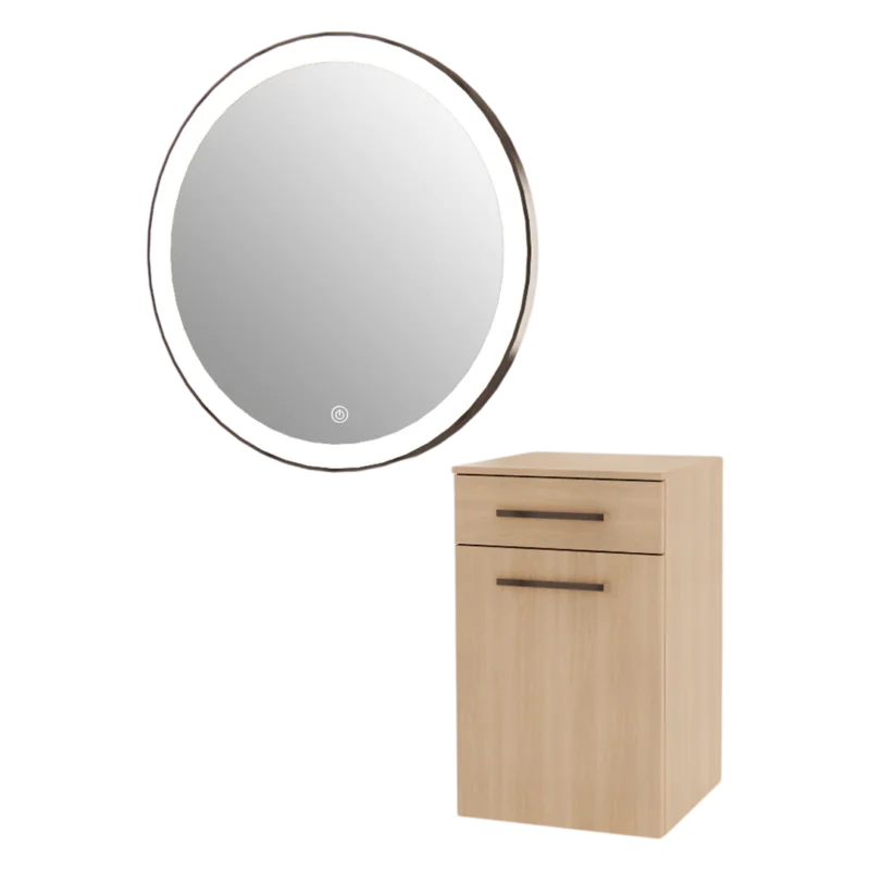 Kaemark A Glo LED GL-04-A American-Made Styling Station with a mirror and a wooden cabinet.