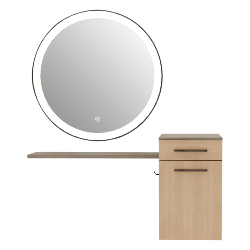 Kaemark A Glo LED GL-04-B American-Made Styling Station with a mirror and a wooden cabinet.