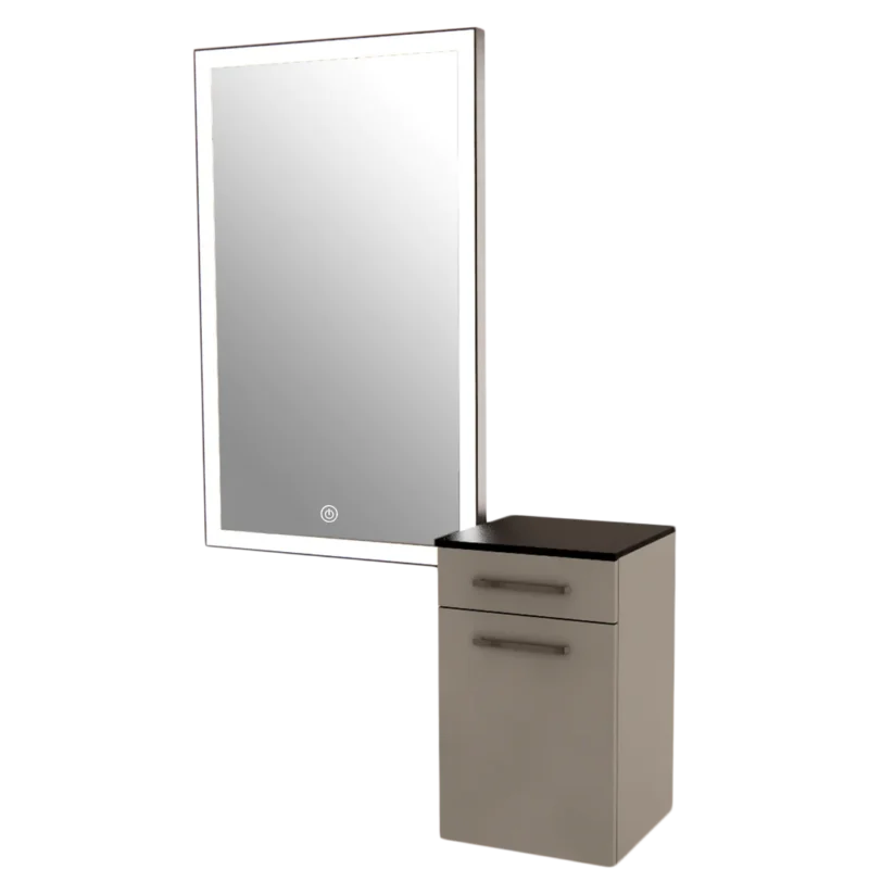 Kaemark A Glo LED GL-04-C American-Made Styling Station with a mirror and a drawer.