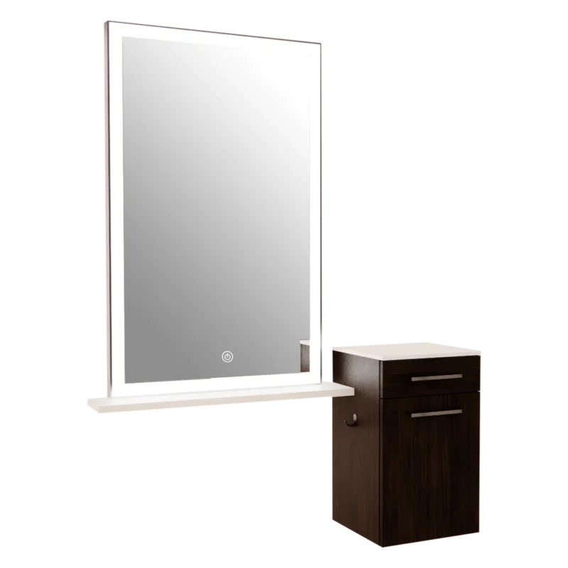 Kaemark A Glo LED GL-04-D American-Made Styling Station with a mirror and a cabinet.