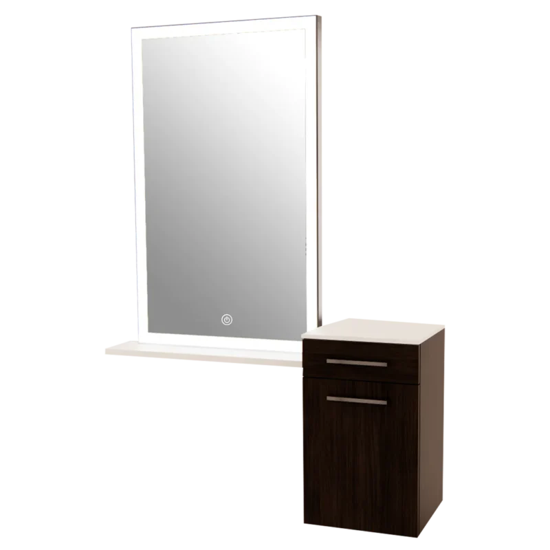 Kaemark A Glo LED GL-04-D American-Made Styling Station with a mirror and a cabinet.