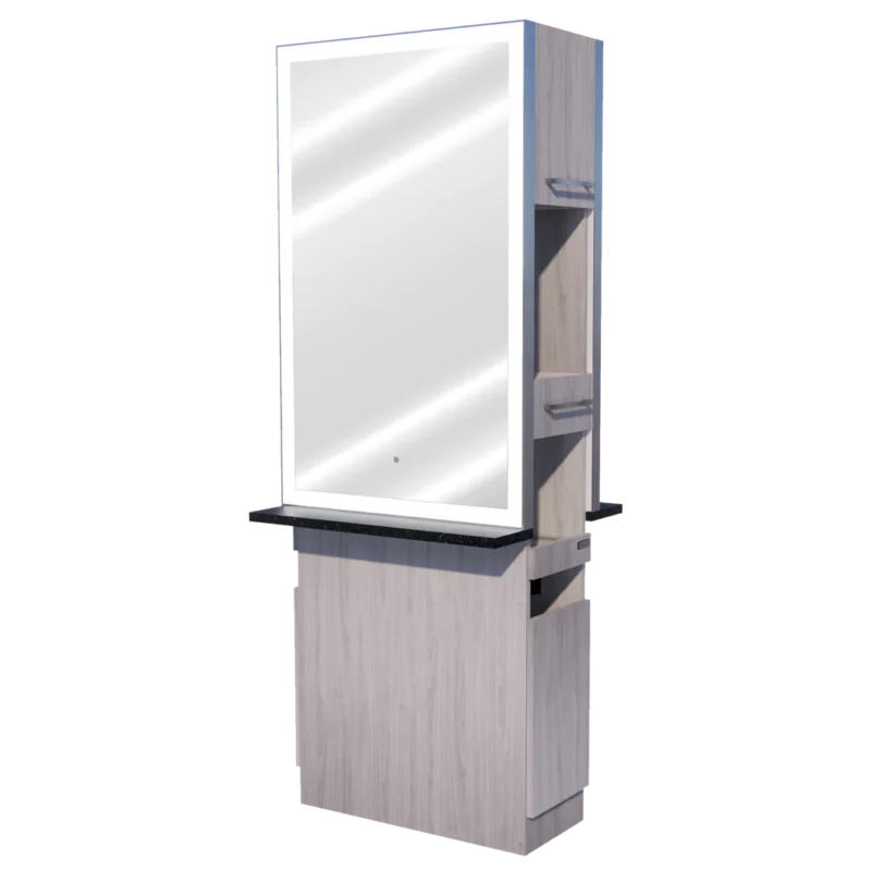 Kaemark A Glo LED GL-05-2-C American-Made Styling Station with a mirror on top.