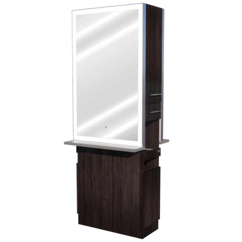 Kaemark A Glo LED GL-05-2-D American-Made Styling Station with a mirror on top.