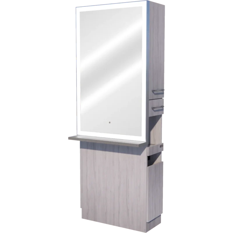 Kaemark A Glo LED GL-05-E American-Made Styling Station with a mirror on top.