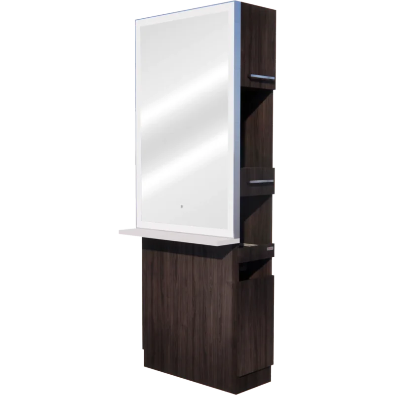 Kaemark An image of a Glo LED GL-05-F American-Made Styling Station with a mirror.